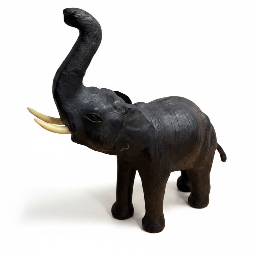 Vintage Hand Crafted Leather Elephant Figurine Trunk Up Good Luck 12" Tall